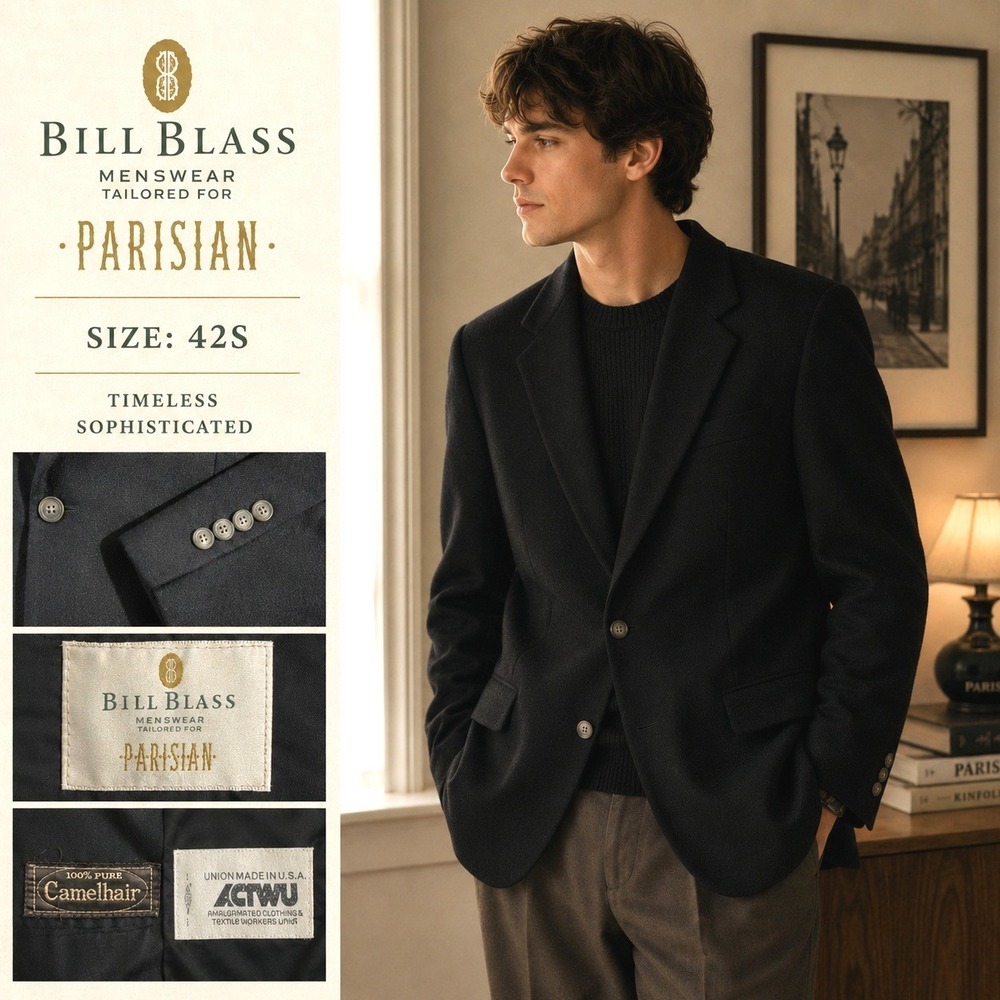 Bill Blass Blazer Mens 42S Black Solid Regular Fit Vintage Camel Hair Sport Coat